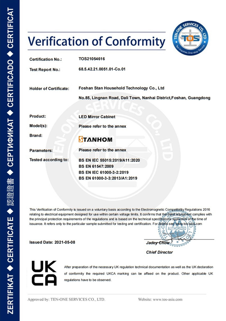STANHOM LED Cabinet Mirror UKCA EMC Certificate STANHOM LED Cabinet Mirror UKCA EMC Certificate