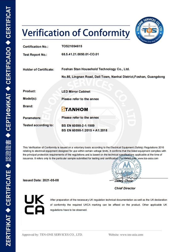 STANHOM LED Cabinet Mirror UKCA LVD Certificate STANHOM LED Cabinet Mirror UKCA LVD Certificate