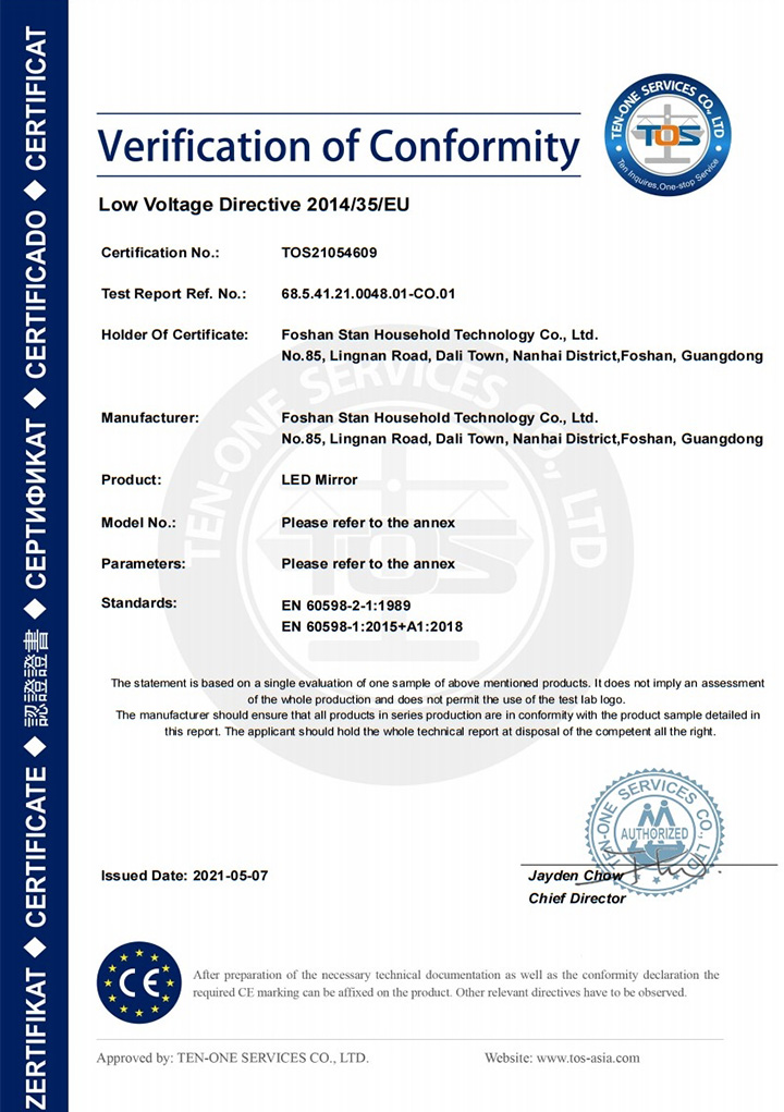 STANHOM LED Mirror CE LVD Certificate LED Mirror CE LVD Certificate