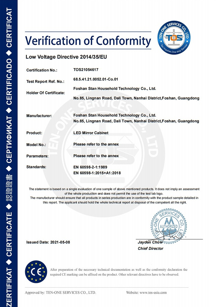 STANHOM LED Mirror Cabinet CE LVD Certificate STANHOM LED Mirror Cabinet CE LVD Certificate