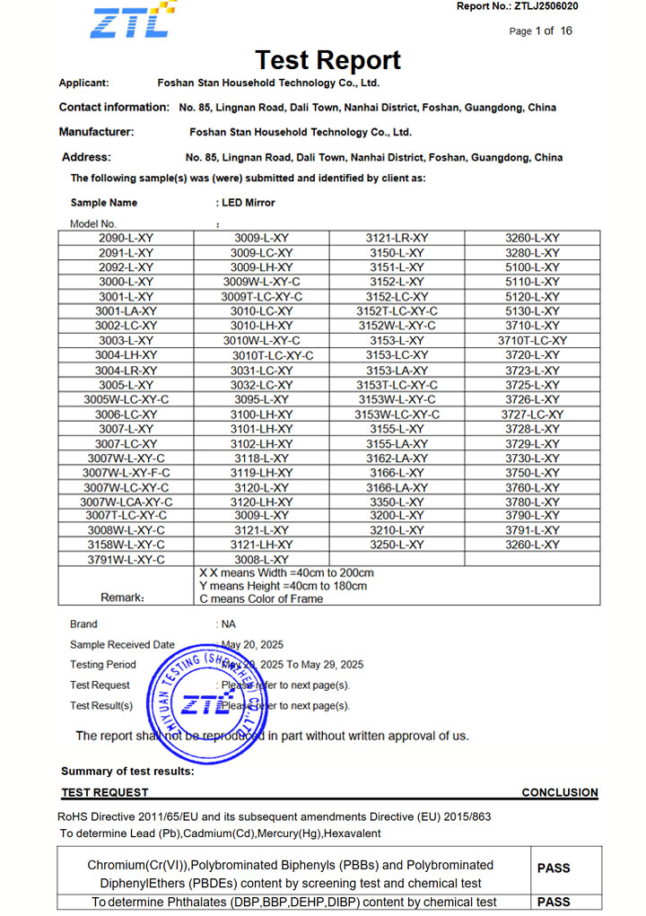 STANHOM LED Mirror RoHS Compliance Pass STANHOM LED Mirror RoHS Test Report