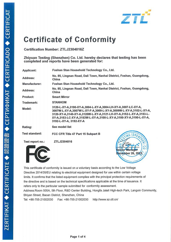 STANHOM Smart Mirror FCC Certificate of Conformity STANHOM Smart Mirror FCC Certificate of Conformity