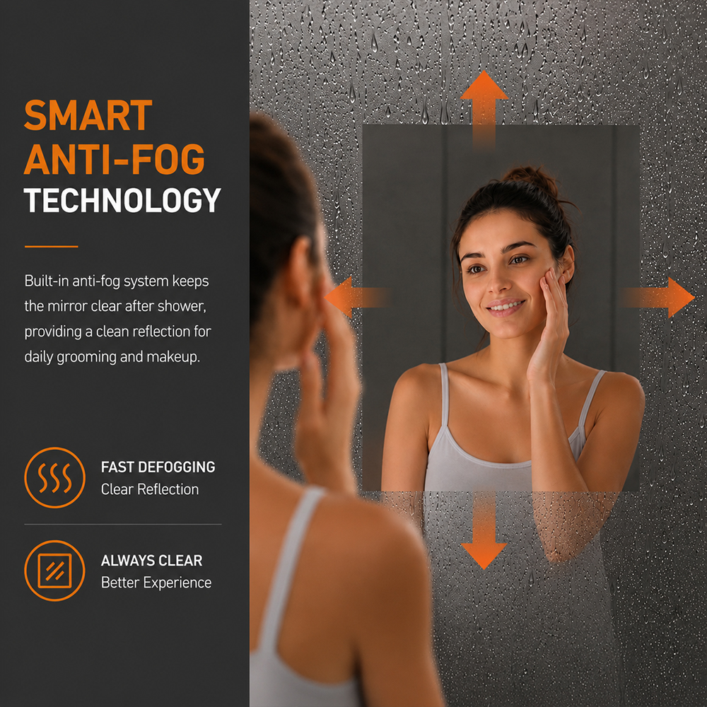 Anti-Fog LED Bathroom Mirrors STANHOM LED bathroom mirror with smart anti-fog technology and clear reflection in humid bathroom environments