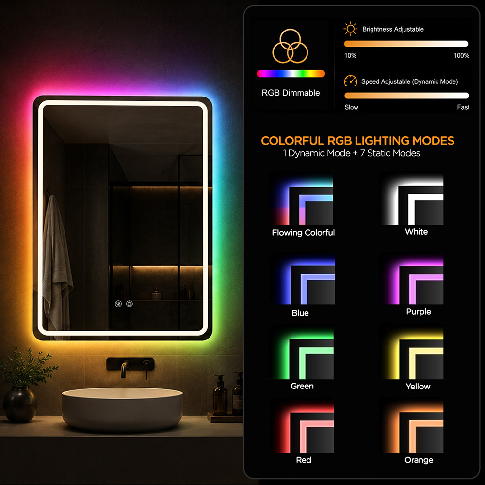 Colorful RGB Lighting Modes for LED Mirror LED bathroom mirror with RGB ambient lighting, featuring 1 dynamic mode and 7 static color lighting modes for customizable atmosphere