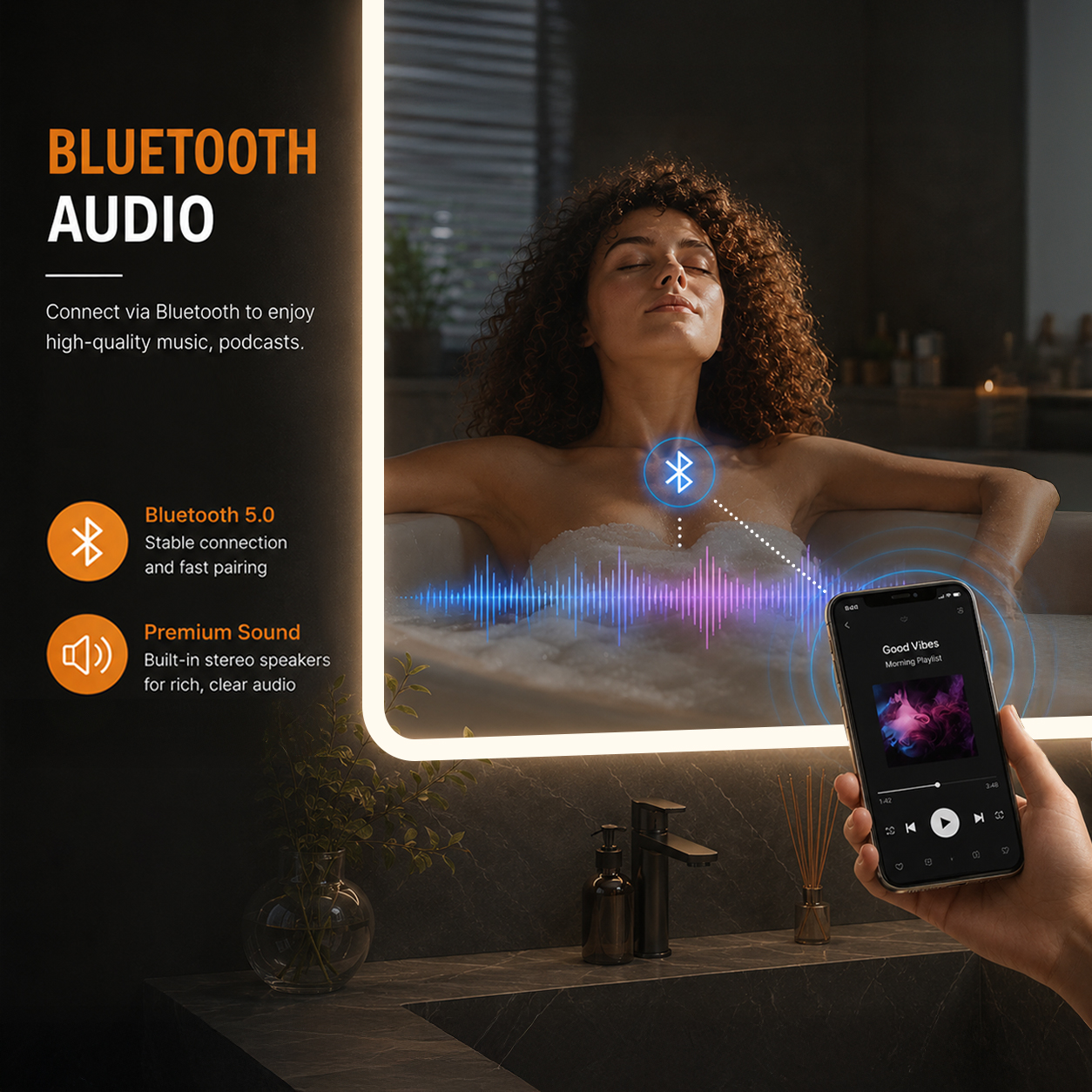 LED Mirror Bluetooth Audio Speaker Function Smart LED bathroom mirror with Bluetooth audio speaker, wireless music connection, and built-in sound system for modern bathroom use.
