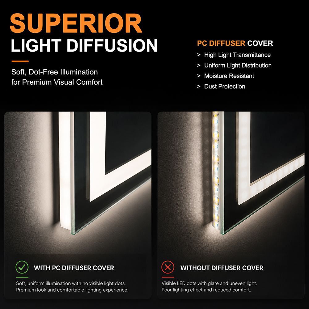 LED Mirror PC Diffuser Cover vs Exposed LED Strip Comparison LED bathroom mirror PC diffuser cover vs exposed LED strip comparison