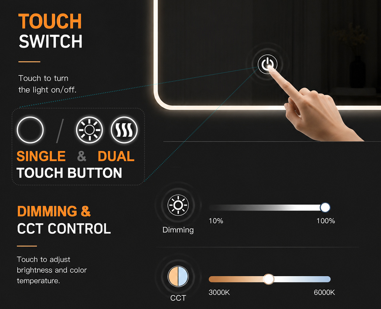 LED Mirror Touch Switch LED Mirror with touch switch buttons, dimming control, and adjustable color temperature settings.