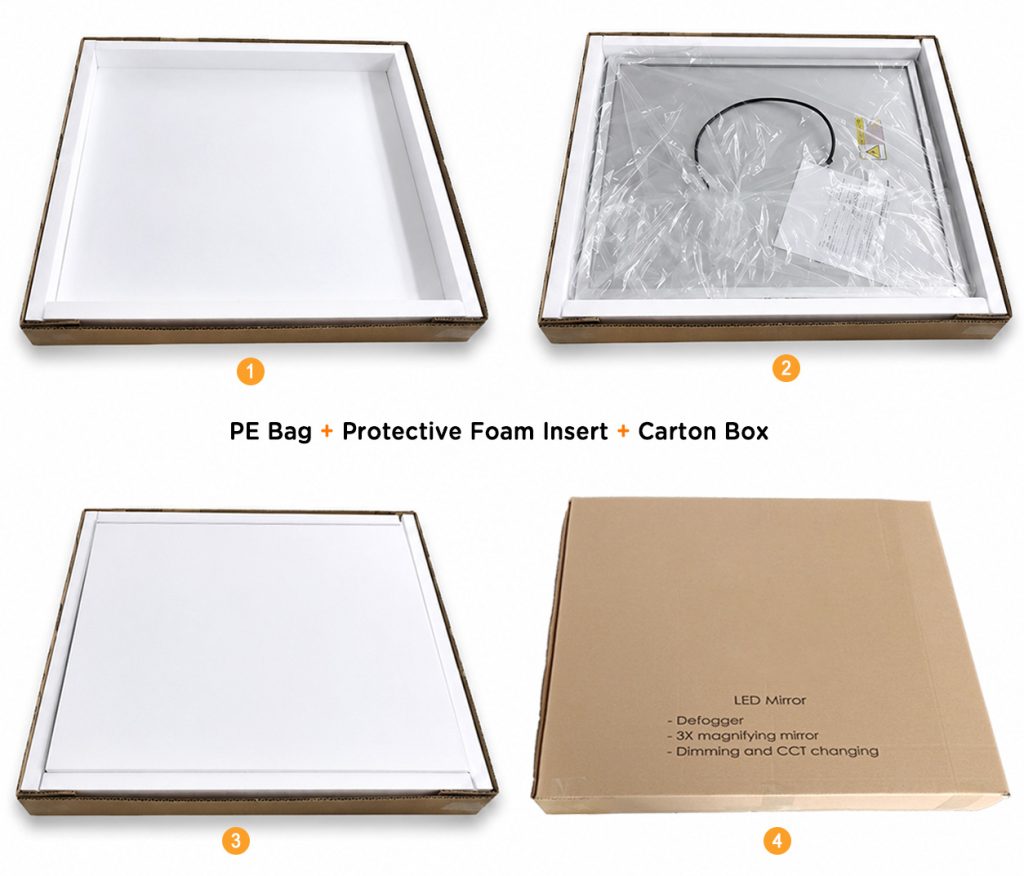 Standard LED Mirror Protective Packaging STANHOM LED mirror standard packaging with PE bag protective foam insert and carton box