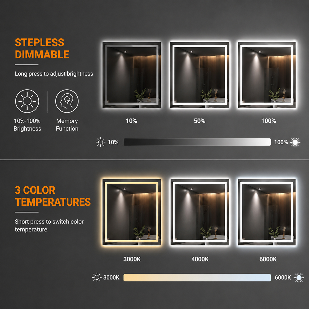 Stepless Dimming & Adjustable CCT STANHOM LED bathroom mirror with stepless dimming and adjustable 3000K 4000K 6000K CCT lighting modes