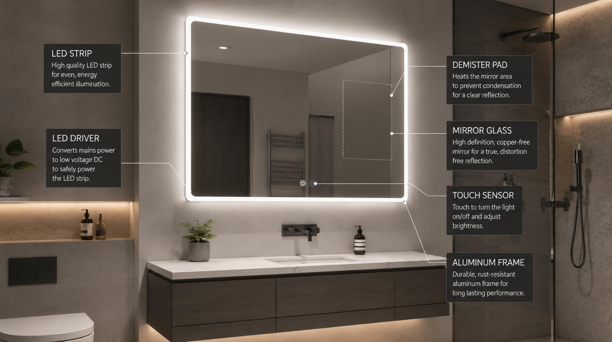 LED bathroom mirror lifespan overview with key components labeled