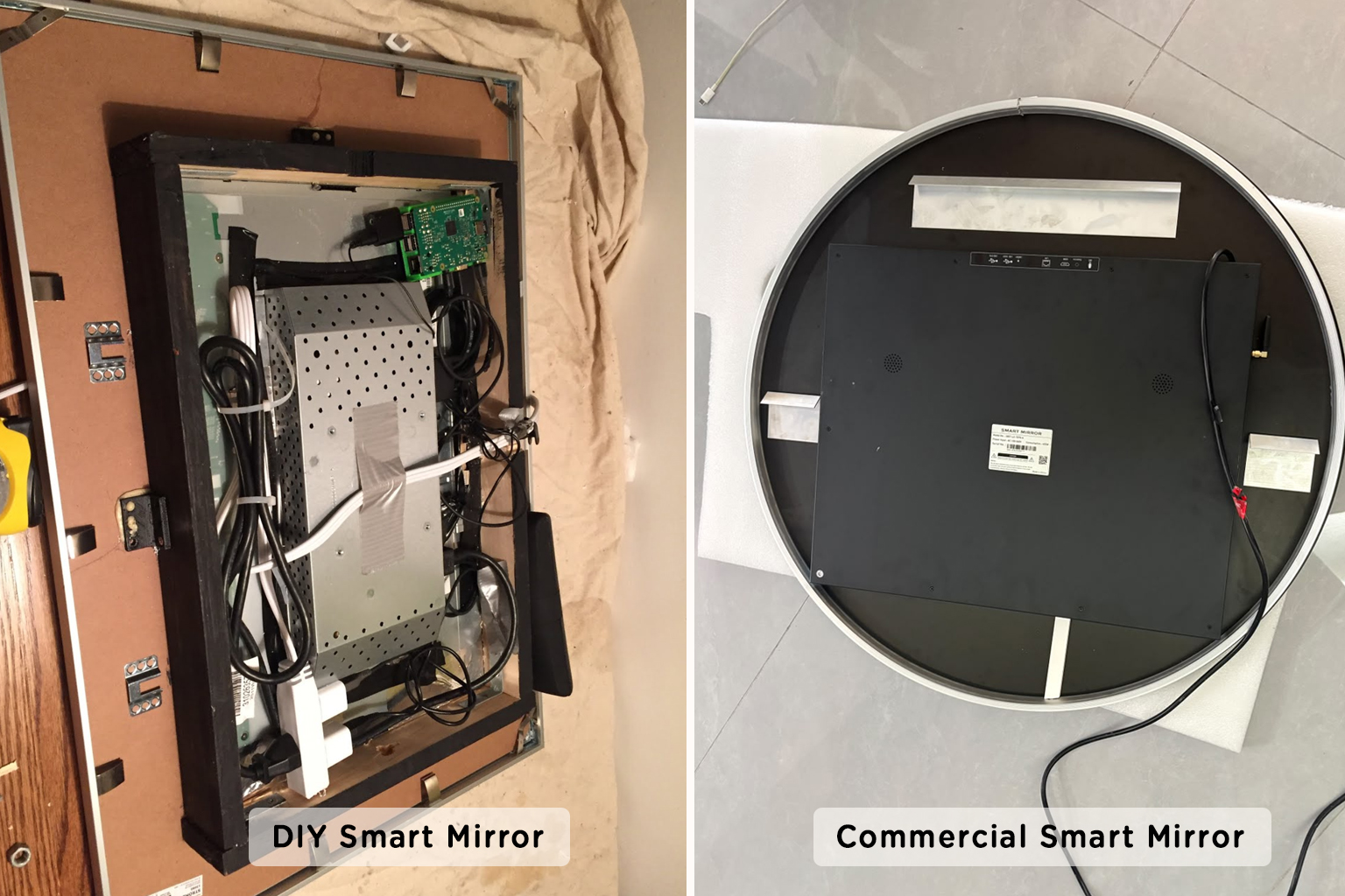 DIY vs Commercial Smart Mirror: Waterproofing, Electrical Safety and IP Rating Rear view of a DIY smart mirror with exposed wiring beside a commercial bathroom smart mirror with enclosed, water-resistant construction.