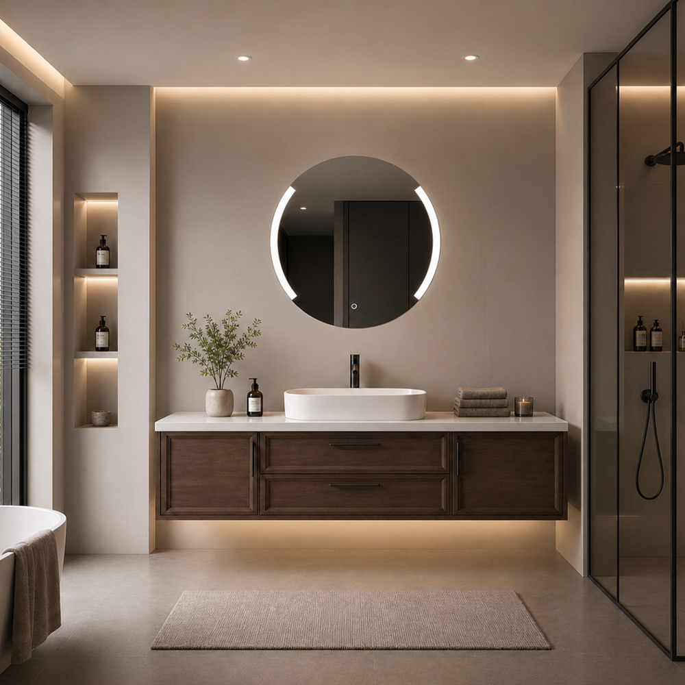 Round frameless LED bathroom mirror 3000-L-2 with side lights above a modern bathroom vanity