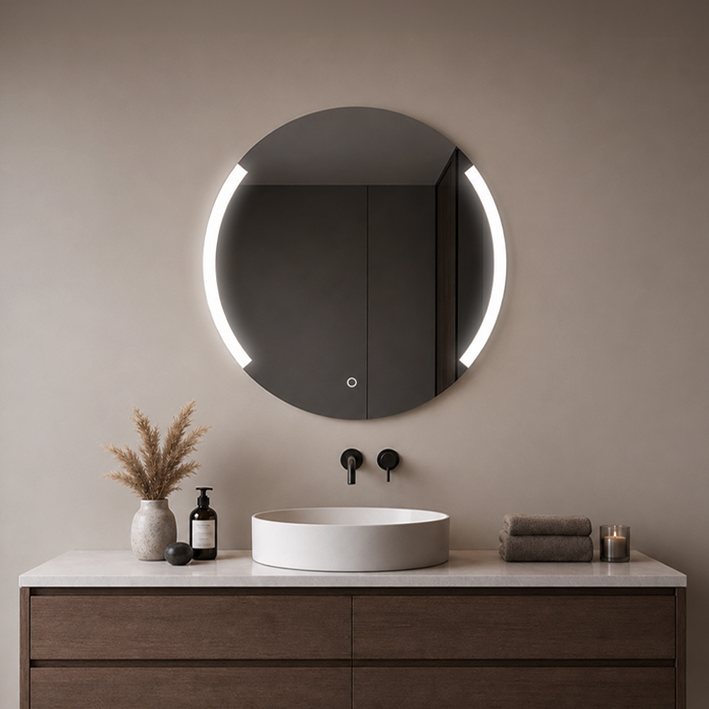 Round frameless LED bathroom mirror 3000-L-2 with two vertical front-light zones above a floating vanity