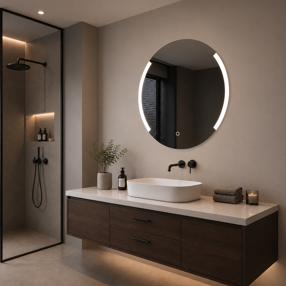 Side-angle view of round frameless LED bathroom mirror 3000-L-2 with two vertical side-light zones