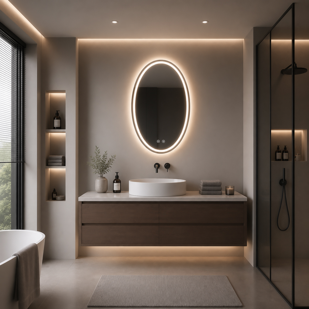 3004-LH-6080 oval front and backlit LED mirror with oval light ring and back halo, bathroom