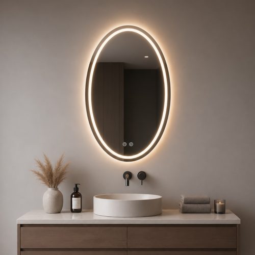 3004-LH-6080 oval front and backlit LED mirror with oval light ring and back halo, showroom