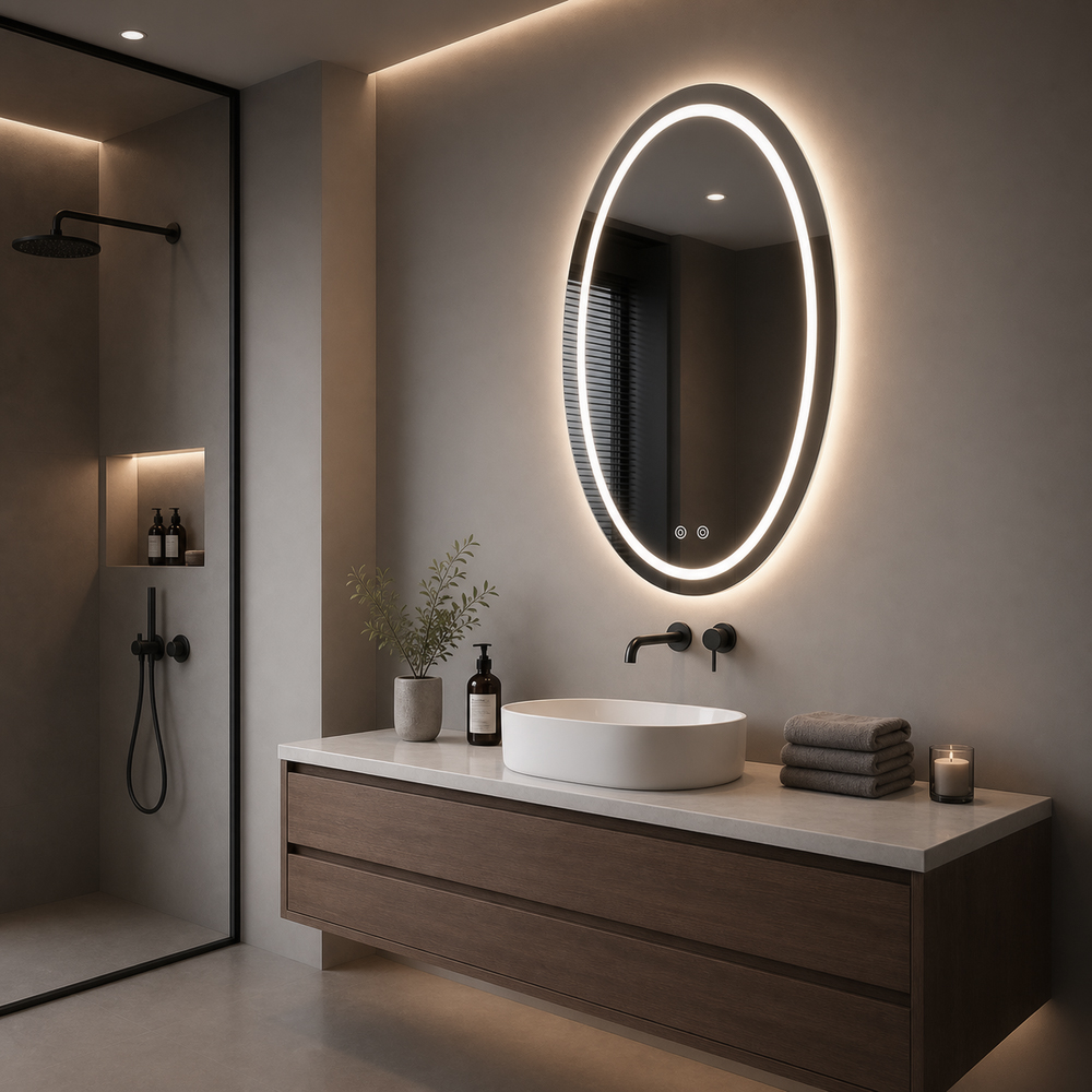3004-LH-6080 side view, oval front and backlit LED mirror, oval light ring, back halo