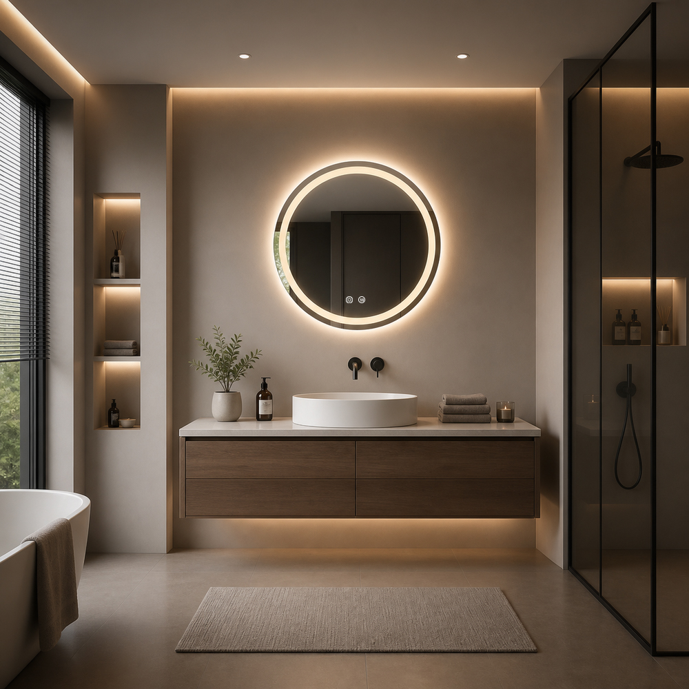 3004-LH round front and backlit LED mirror, front light ring and back halo, bathroom