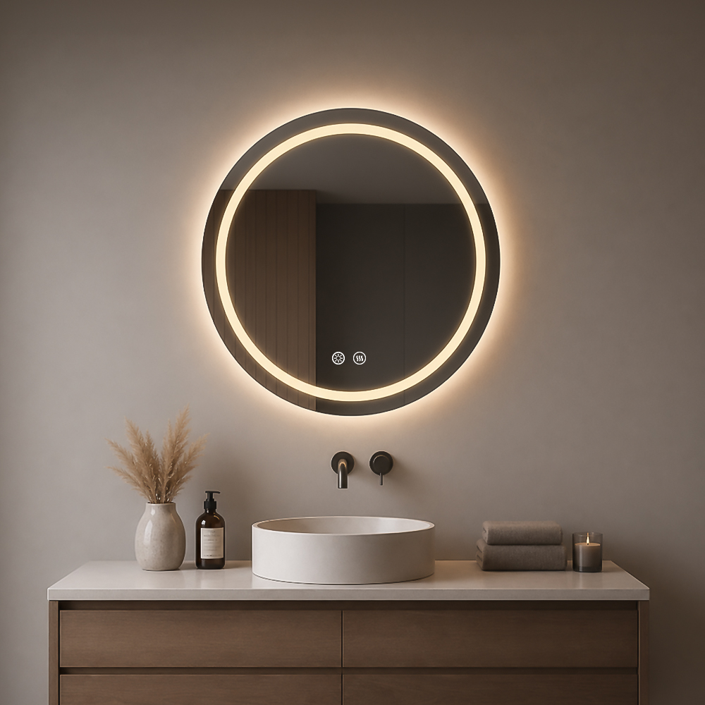 3004-LH round front and backlit LED mirror, front light ring and back halo, showroom