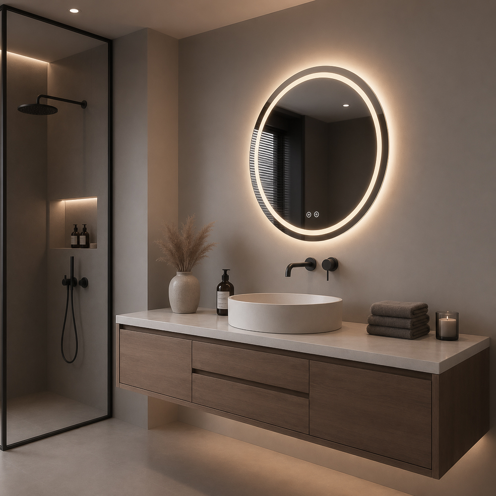 3004-LH round front and backlit LED mirror, front light ring and back halo, side view