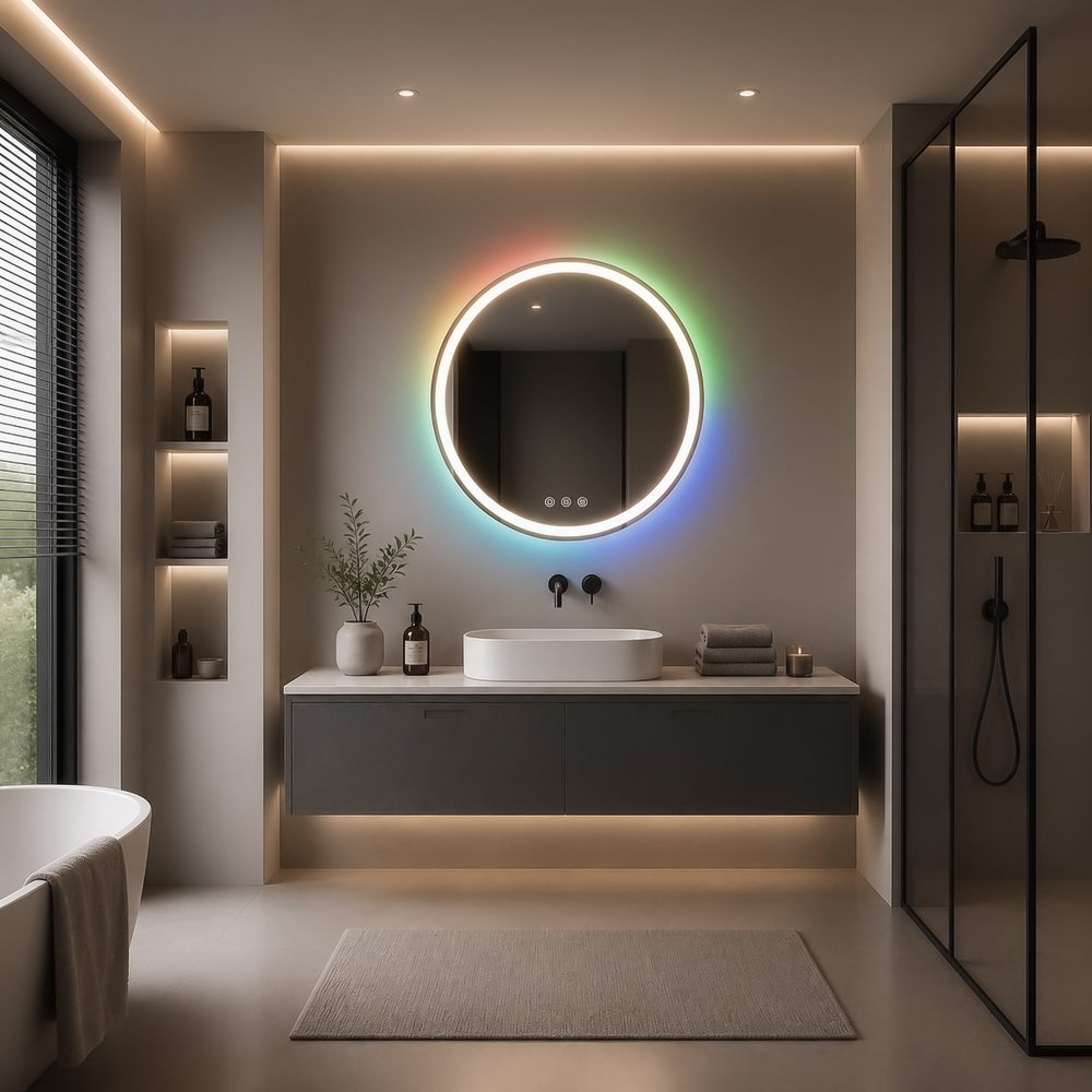 3004-R round RGB backlit and front-lit LED mirror with RGB ambient backlight in bathroom