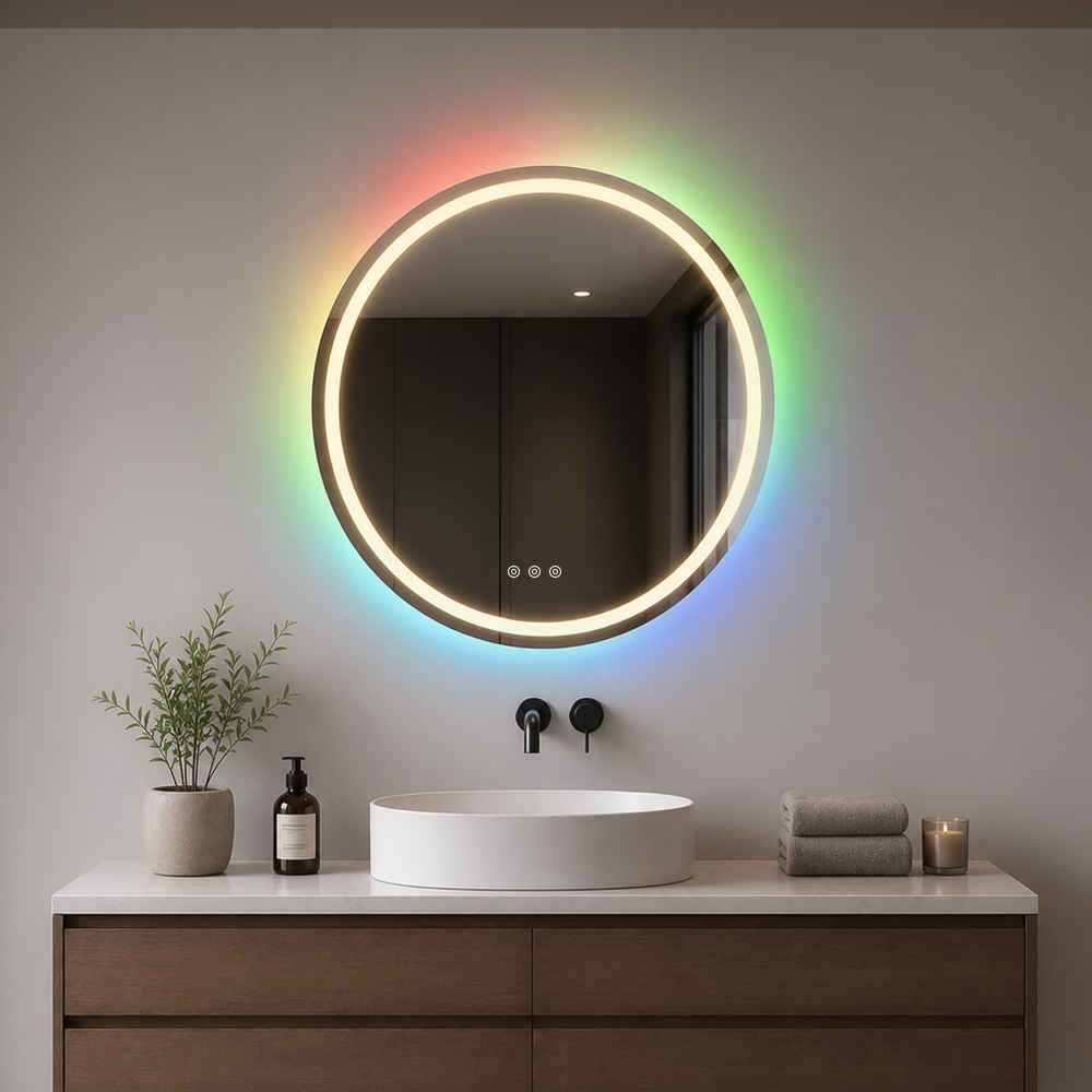 3004-R round RGB backlit and front-lit LED mirror with RGB ambient backlight in showroom