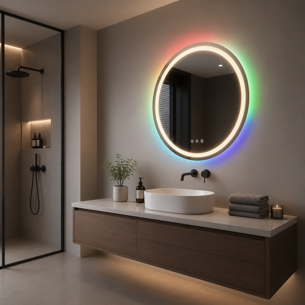 3004-R side view, round RGB backlit and front-lit LED mirror with RGB ambient backlight