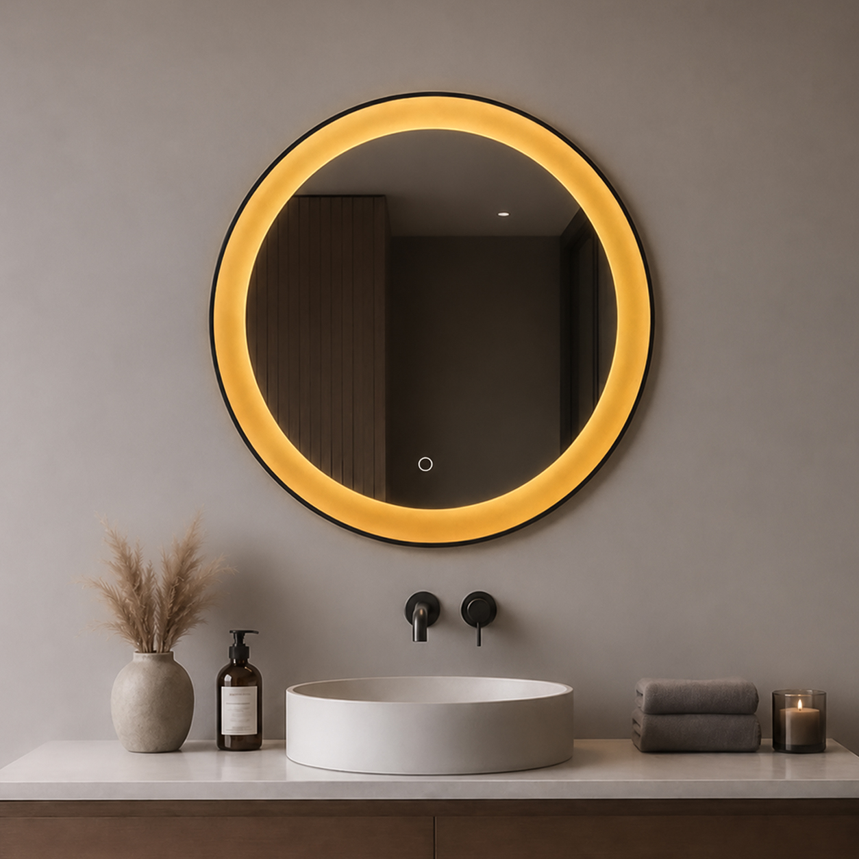 3005W-LC-80-BK Round Illuminated Bathroom Mirror with Inner Light Ring – Showroom View 3005W-LC-80-BK round illuminated bathroom mirror with wide illuminated inner ring in showroom