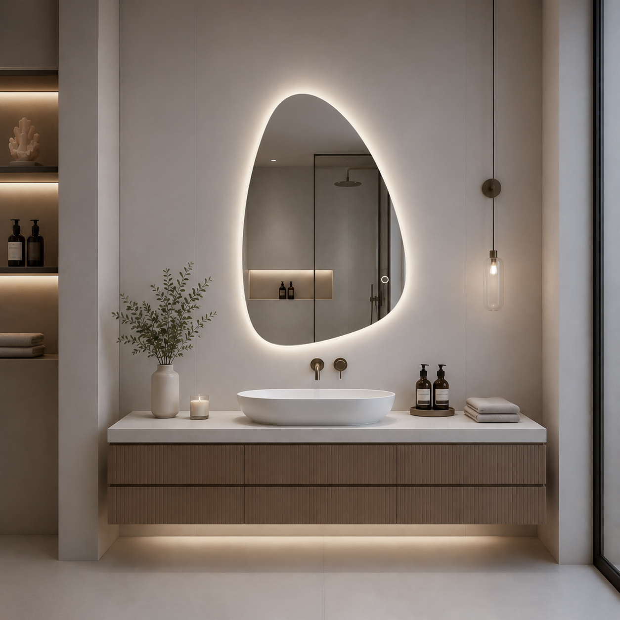 3006-LC pebble backlit LED mirror with pebble backlit profile above bathroom vanity