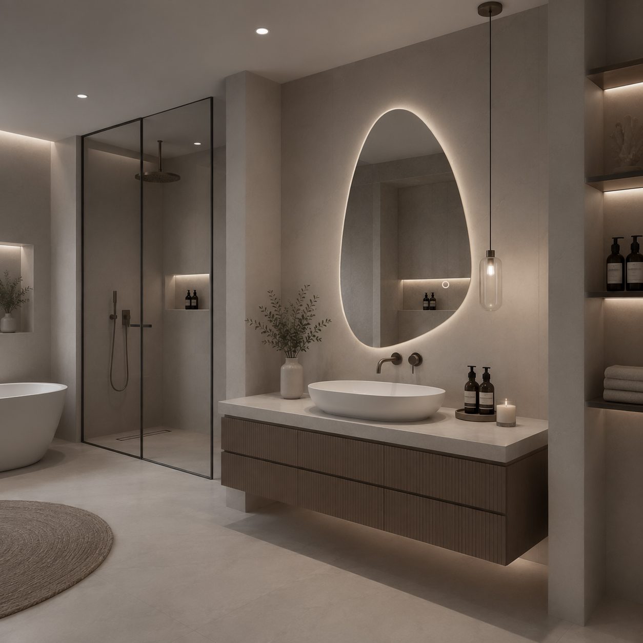 Side-angle view of 3006-LC pebble backlit LED mirror with pebble backlit profile
