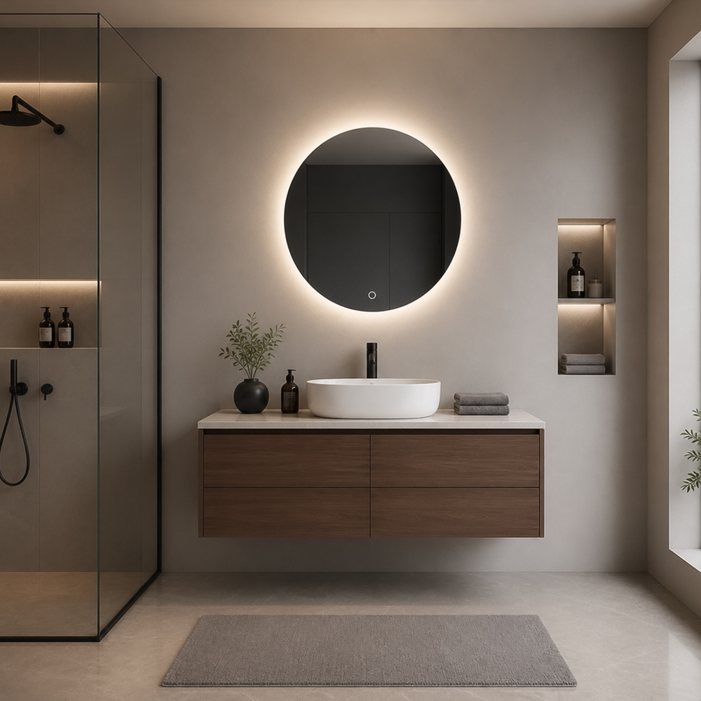 3007-LC-6060 round frameless backlit LED bathroom mirror with hidden full-perimeter backlight above vanity