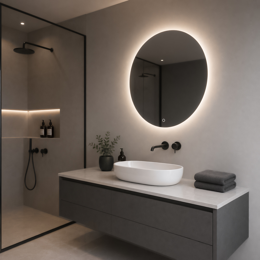 Side view of 3007-LC-6060 round frameless backlit LED bathroom mirror showing hidden full-perimeter backlight
