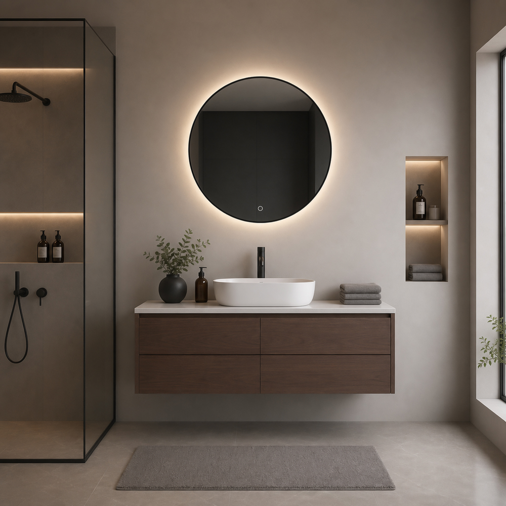3007T-LC-80-BK round slim black frame backlit LED mirror above a modern bathroom vanity