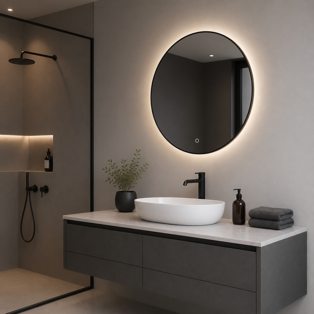 Side view of 3007T-LC-80-BK round slim black frame backlit LED mirror and wall halo