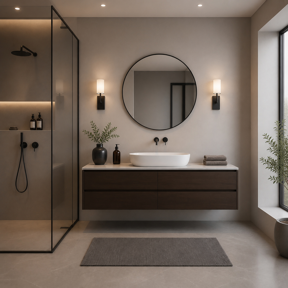 3007W-BK round black frame bathroom wall mirror with slim black frame above vanity