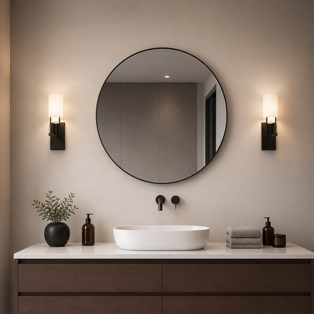 3007W-BK round black frame bathroom wall mirror with slim black frame in showroom