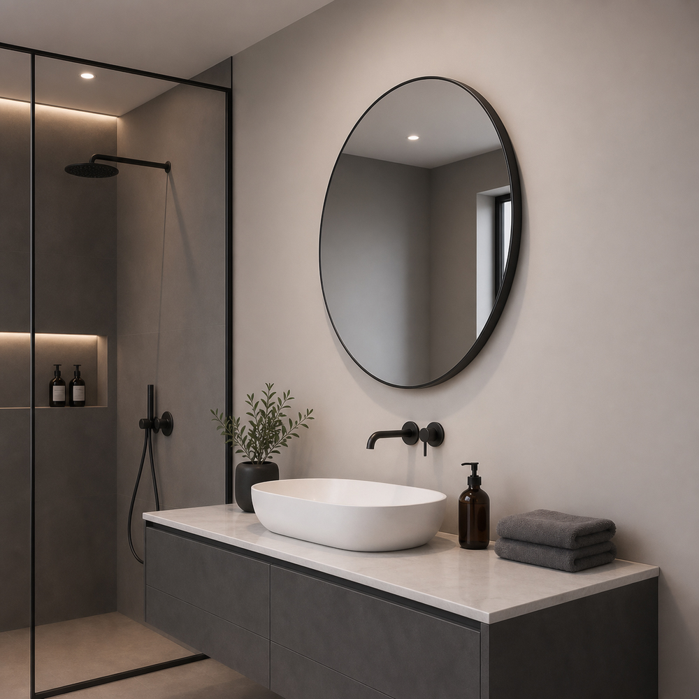 Side view of 3007W-BK round black frame bathroom wall mirror showing slim black frame