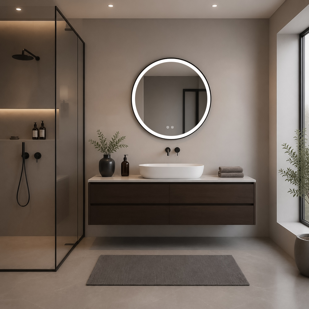 3007W-L-BK round black frame front-lit LED mirror with full-ring front light above vanity