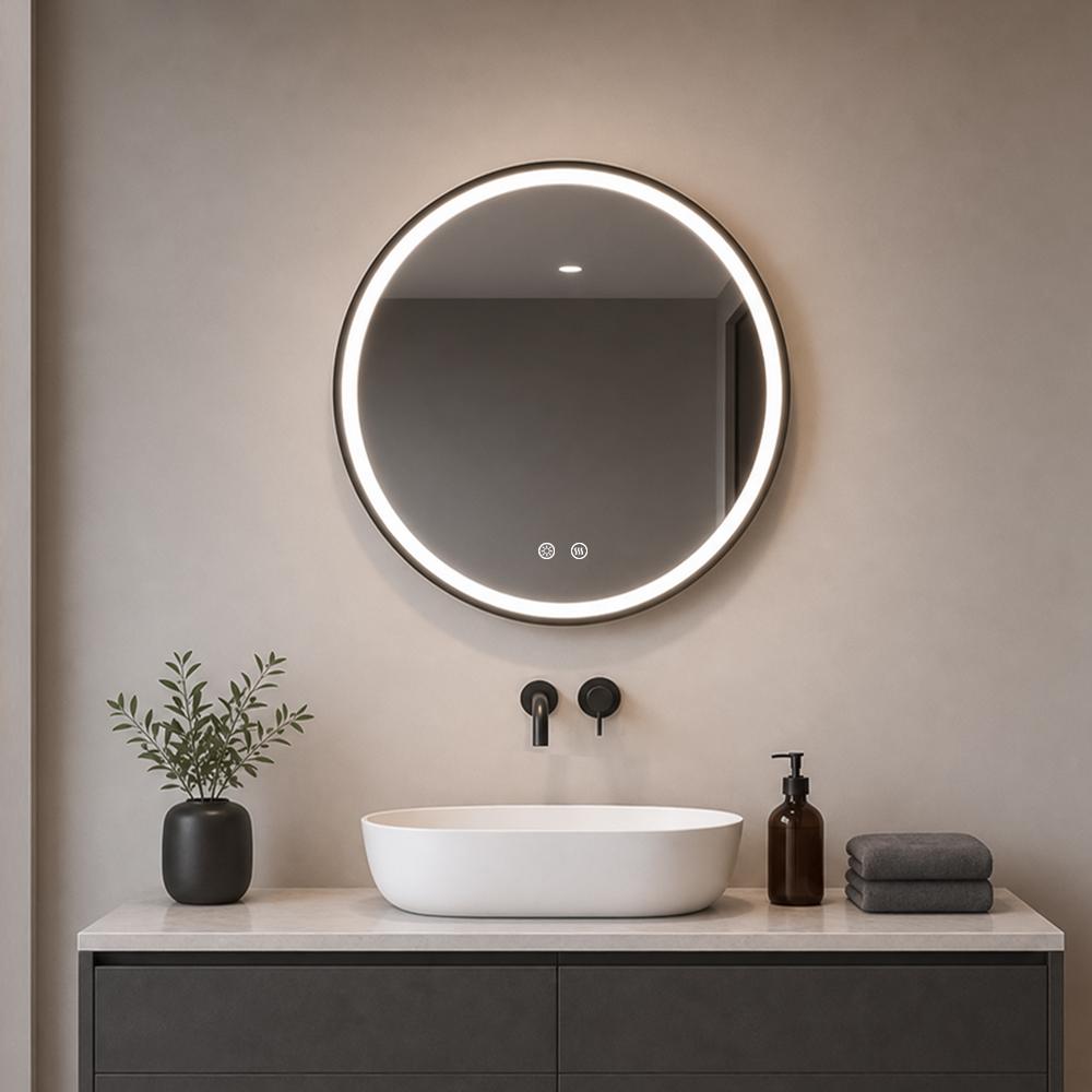 3007W-L-BK round black frame front-lit LED mirror with full-ring front light in showroom