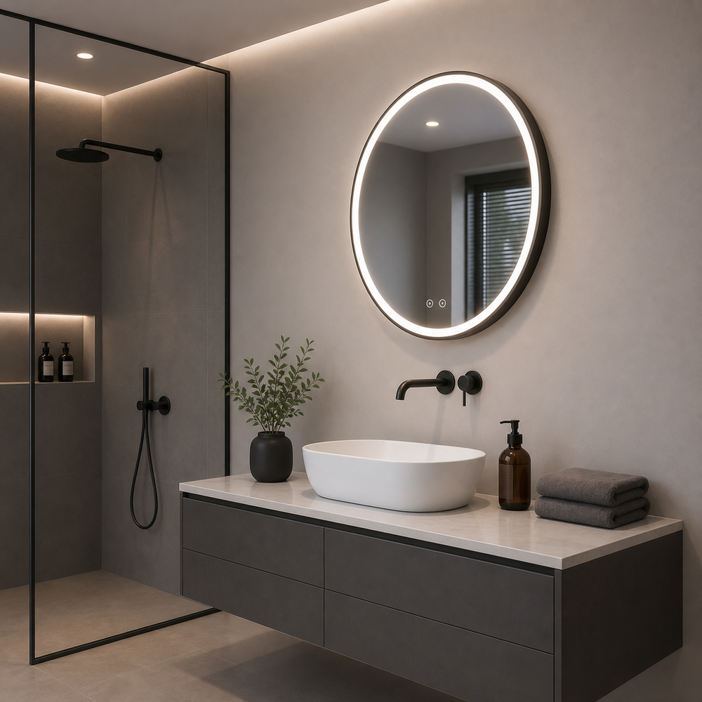 Side view of 3007W-L-BK round black frame front-lit LED mirror showing full-ring front light