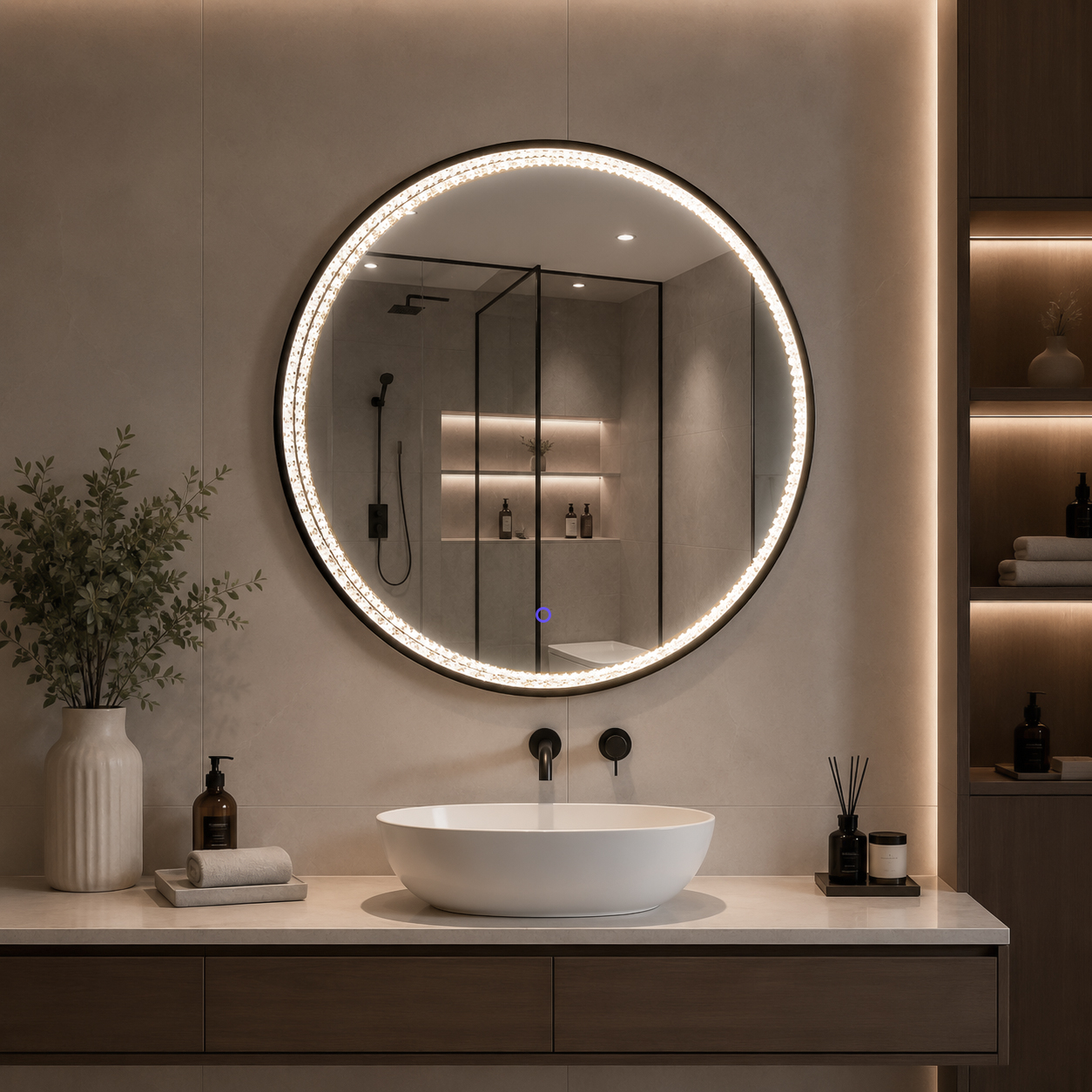 3007W-LCA-BK round crystal LED bathroom mirror with illuminated crystal inner ring above vanity