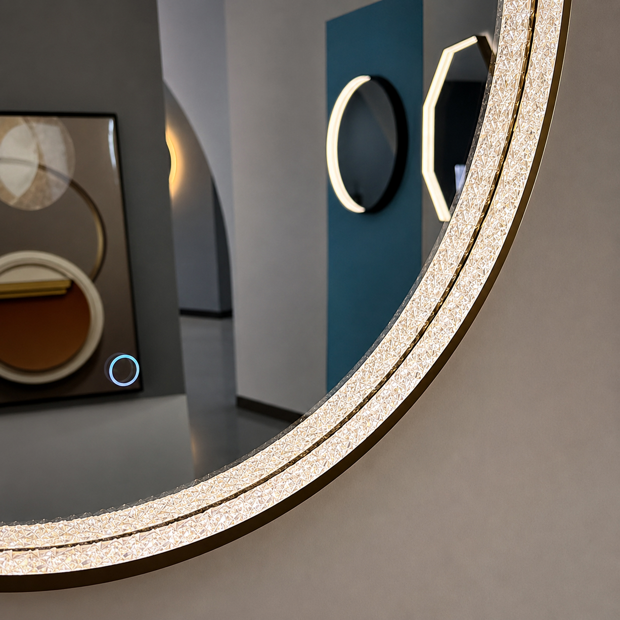Detail of 3007W-LCA-BK round crystal LED bathroom mirror with illuminated crystal inner ring