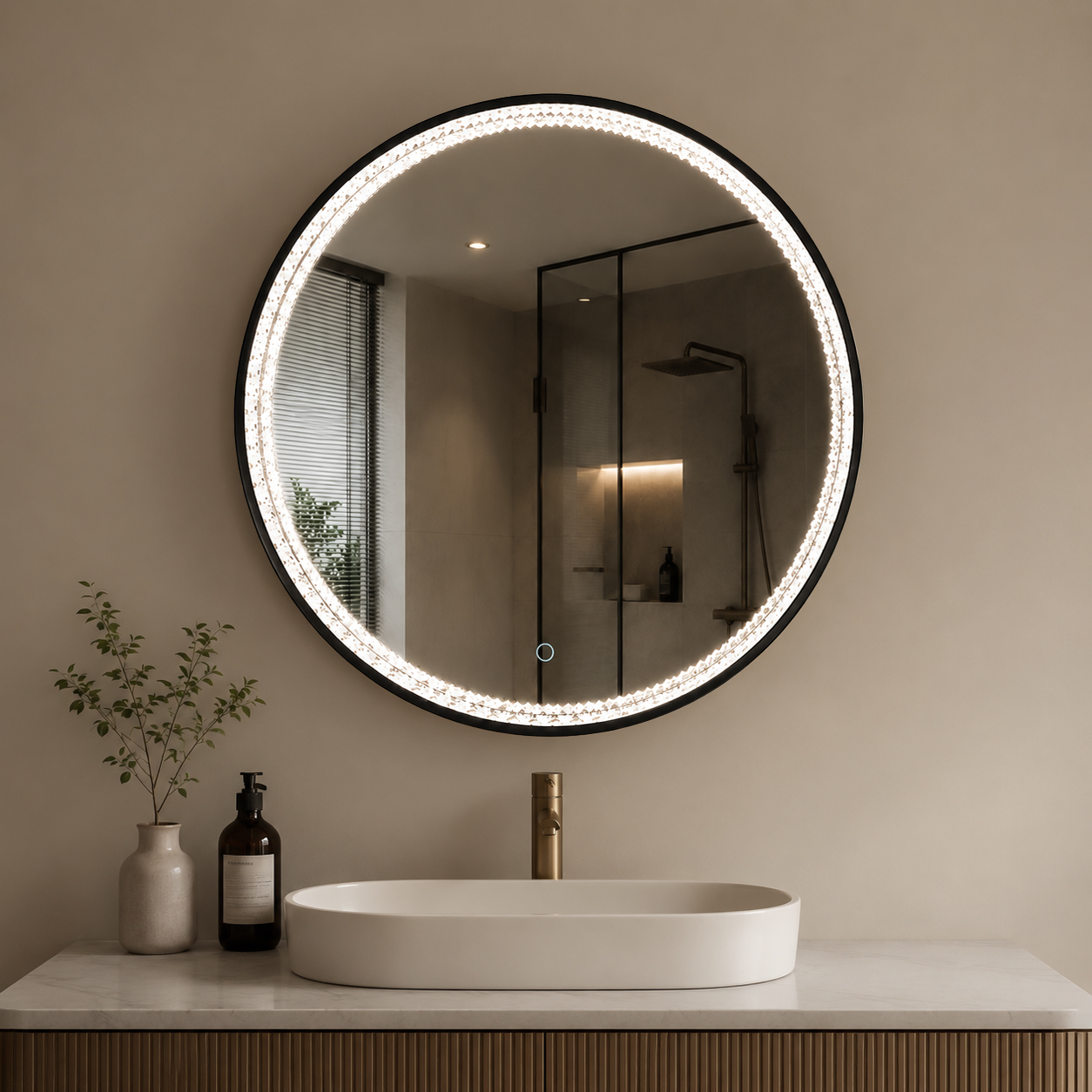 3007W-LCA-BK round crystal LED bathroom mirror with illuminated crystal inner ring in showroom