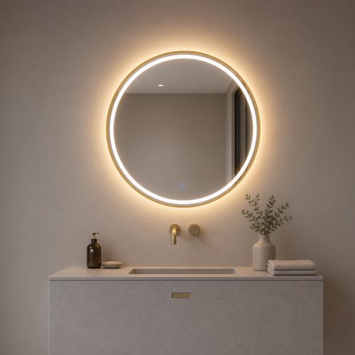 3008W-L-GD round gold frame LED bathroom mirror with full-ring front light in showroom