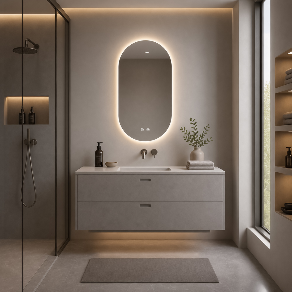 3009-LC-60100 vertical oval backlit LED bathroom mirror with balanced vertical oval profile above vanity