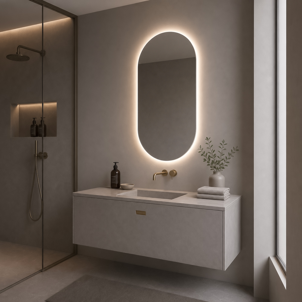 Side view of 3009-LC-60100 vertical oval backlit LED bathroom mirror with balanced vertical oval profile