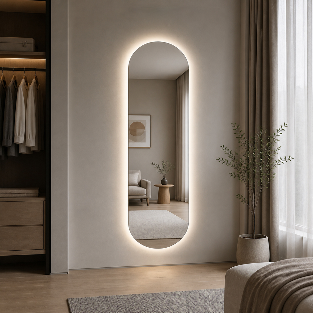 3009-LC pill-shaped full-length backlit LED mirror with full-length pill profile in bedroom