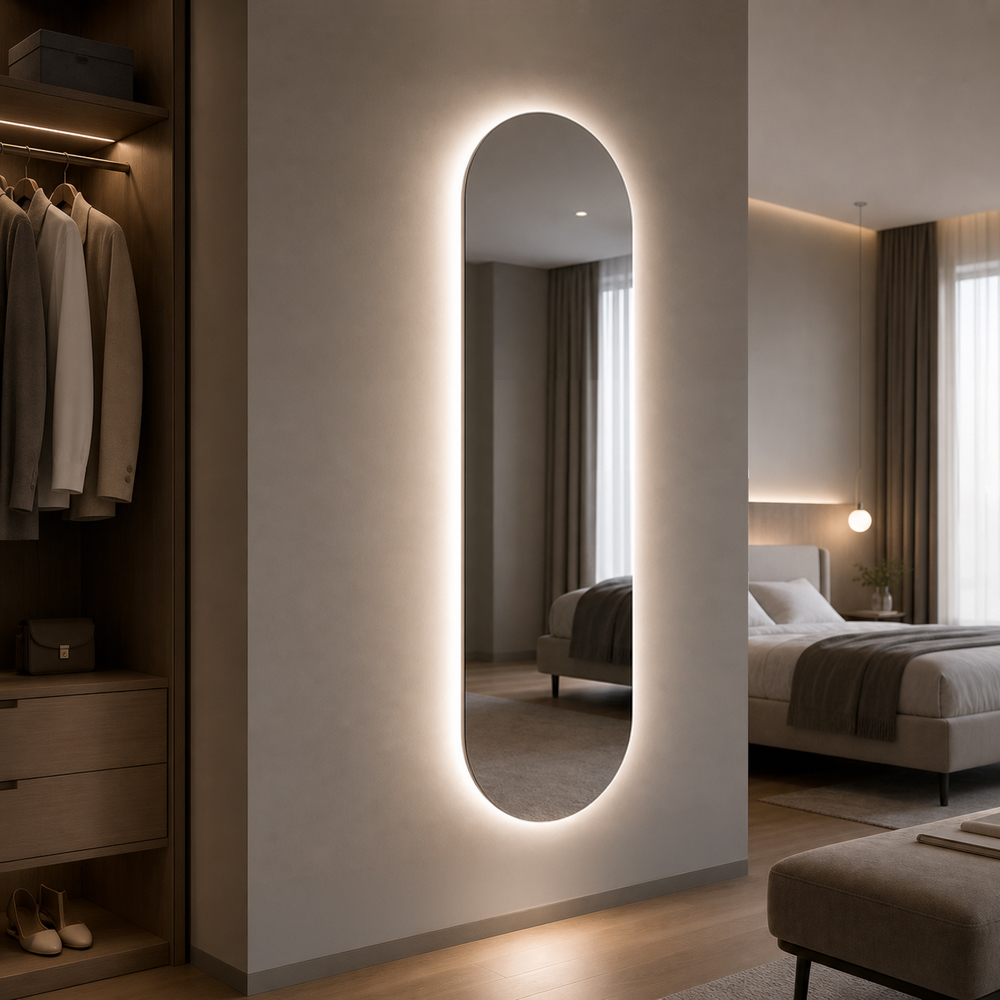 Side view of 3009-LC pill-shaped full-length backlit LED mirror with full-length pill profile