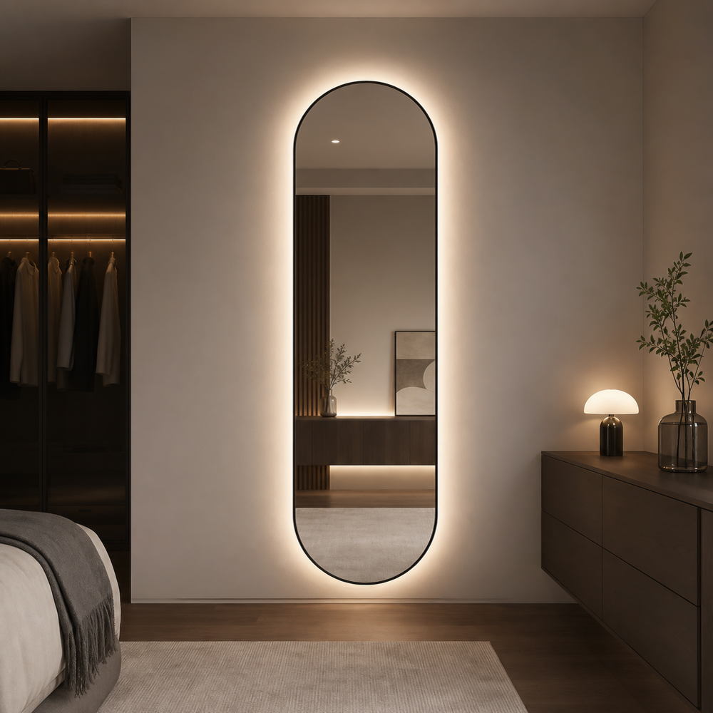3009T-LC-BK pill-shaped full-length backlit mirror with black frame and full-length slim black frame in bedroom