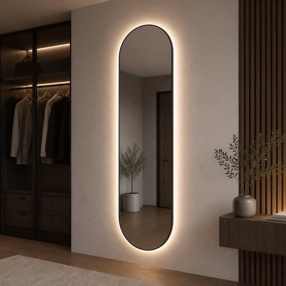 Side view of 3009T-LC-BK pill-shaped full-length backlit mirror with black frame and full-length slim black frame